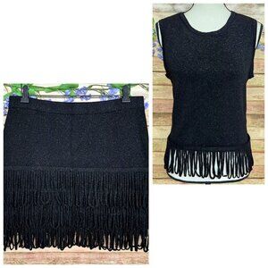 Anthropologie Endless Rose Sz L Black Metallic Loop Fringe Mini Skirt & Tank Top